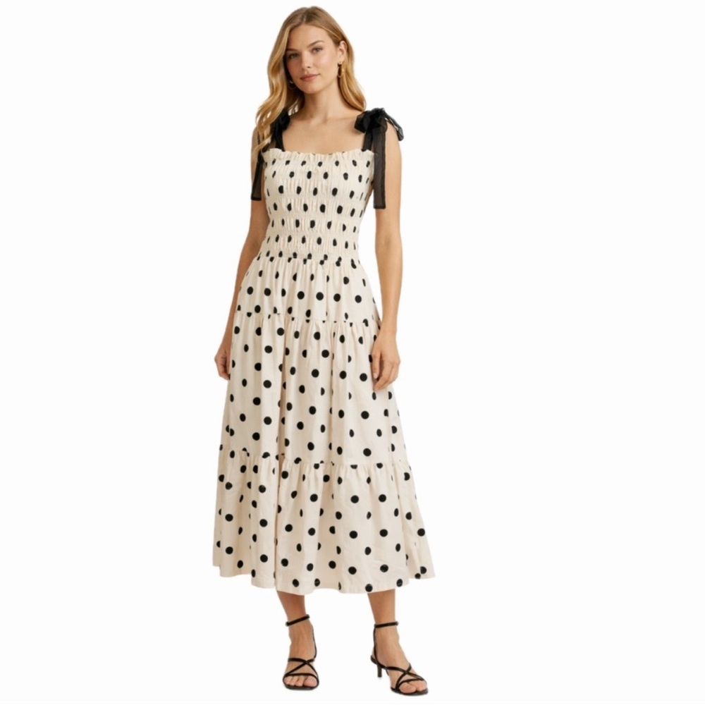 En Saison Ivory Polka Dot Tie-Shoulder Midi Dress size Small